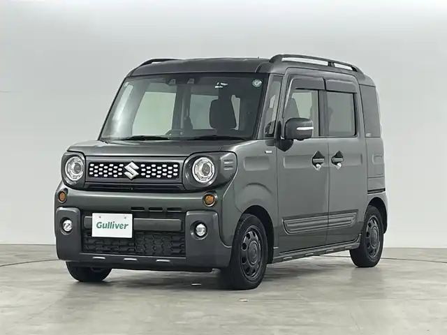 スズキ スペーシア ギア HYBRID XZターボ 福島県 2021(令3)年 6万km クールカーキパールメタリック/ガンメタリック2トーン ワンオーナー/ルーフレール/スズキセーフティサポート/・デュアルカメラブレーキサポート/・誤発進抑制機能（前方・後方）/・後退時ブレーキサポート/・車線逸脱警報機能/・車線逸脱抑制機能/・ふらつき警報機能/・標識認識機能/・フロントガラス投影式ヘッドアップディスプレイ/・先行車発進お知らせ機能/・ハイビームアシスト/・アダプティブクルーズコントロール（全車速追従機能付き）/純正ナビ/・型番：CN-R2765W/・フルセグ/CD/DVD/SD/BT/FM/AM/・ETC/・全方位カメラ/両側パワースライドドア/革巻きステアリング/・ステアリングスイッチ/・パドルシフト/前席シートヒーター/LEDヘッドライト/・フォグランプ/・オートライト/プッシュスタート/・スマートキー/・アイドリングストップ/純正マット/ドアバイザー