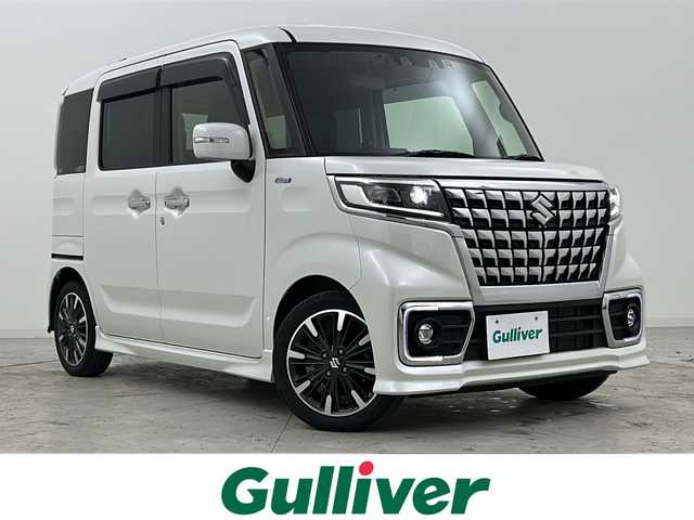 スズキ スペーシア カスタム HYBRID XS ターボ 宮城県 2023(令5)年 4.6万km ピュアホワイトP ワンオーナー/禁煙車/スズキセーフティーサポート/・デュアルカメラブレーキサポート/・車線逸脱警報/・車線逸脱抑制機能/・ハイビームアシスト/・パーキングソナー/・横滑り防止機能/オートクルーズコントロール/ヘッドアップディスプレイ/前席シートヒーター/両側パワースライドドア/純正8インチナビ/（BT.AM.FM.CD.DVD.SD.HDMI）/バックカメラ/フルセグテレビ/ビルトインETC/前後純正ドライブレコーダー/ハーフレザーシート/パドルシフト/革巻きステアリング/ステアリングスイッチ/プッシュスタート/スマートキー/スペアキー/エンジンスターター/ロールサンシェード/シートバックテーブル/純正フロアマット/純正ドアバイザー/LEDヘッドライト/LEDフォグランプ/純正15インチアルミホイール/アイドリングストップ