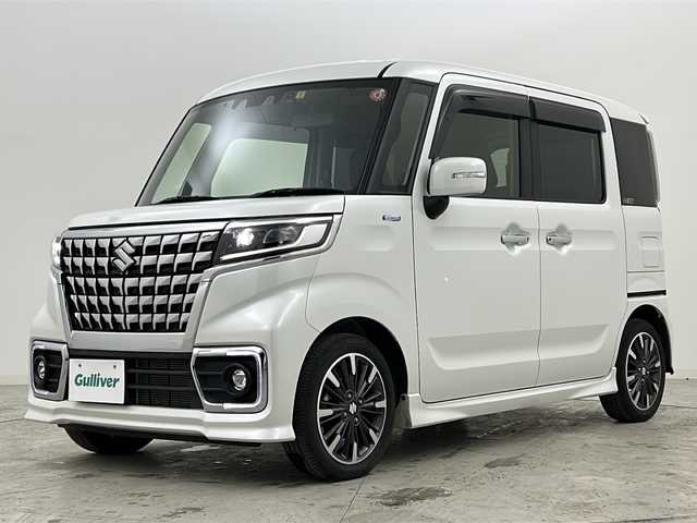 スズキ スペーシア カスタム HYBRID XS ターボ 宮城県 2023(令5)年 4.6万km ピュアホワイトP ワンオーナー/禁煙車/スズキセーフティーサポート/・デュアルカメラブレーキサポート/・車線逸脱警報/・車線逸脱抑制機能/・ハイビームアシスト/・パーキングソナー/・横滑り防止機能/オートクルーズコントロール/ヘッドアップディスプレイ/前席シートヒーター/両側パワースライドドア/純正8インチナビ/（BT.AM.FM.CD.DVD.SD.HDMI）/バックカメラ/フルセグテレビ/ビルトインETC/前後純正ドライブレコーダー/ハーフレザーシート/パドルシフト/革巻きステアリング/ステアリングスイッチ/プッシュスタート/スマートキー/スペアキー/エンジンスターター/ロールサンシェード/シートバックテーブル/純正フロアマット/純正ドアバイザー/LEDヘッドライト/LEDフォグランプ/純正15インチアルミホイール/アイドリングストップ