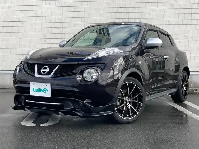 日産 ジューク 15RX パーソナライズパック 静岡県 2013(平25)年 6万km ナイトベールパープル 純正SDナビ(MC313D-W)/　AM FM CD DVD Bluetooth USB AUX/HIDオートヘッドランプ/革巻きステアリング/スマートキー2本/プッシュスタート/社外18インチアルミホイール/アイドリングストップ/純正フロアマット/レザー調シートカバー/フルセグTV/ビルトインETC/前後方ドライブレコーダー/社外エアロ(フロント/リアアンダー)