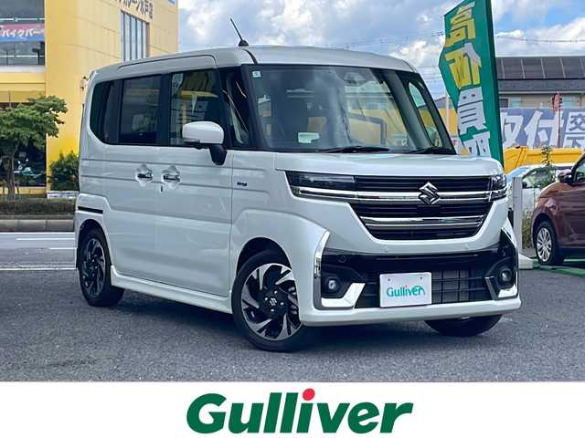 スズキ スペーシア カスタム HYBRID XS ターボ 茨城県 2024(令6)年 0.4万km ピュアホワイトP 純正ディスプレイオーディオ/ナビ・TV付き/クルーズコントロール（追従走行有）/衝突被害軽減システム/レーンキープアシスト/クリアランスソナー/HUD/ドライブレコーダー/バック・全方位カメラ/ETC/シートヒーター/ステアリングヒーター/後席サーキュレーター/両側パワースライドドア/電動パーキングブレーキ/オートホールド機能/LEDヘッドライト/純正アルミホイール/スマートキー/保証書/取扱説明書/スペアキー