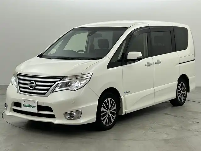 日産 セレナ ハイウェイS S HV Aセーフ 福岡県 2015(平27)年 9.8万km ブリリアントホワイトパール 後席モニター　/純正ナビ　/全方位カメラ　/ＥＴＣ　/クルーズコントロール　/コーナーセンサー　/エマージェンシーブレーキ　/レーンキープ　/アイドリングストップ　/両側電動スライドドア　/純正１６インチアルミホイール