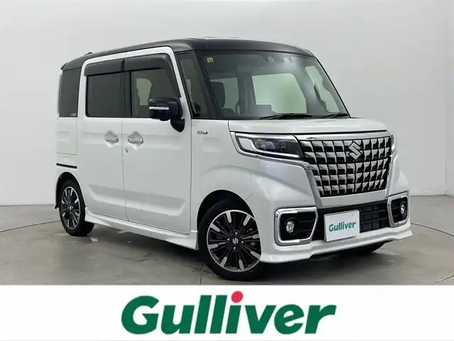 スズキ スペーシア カスタム HYBRID XS ターボ 富山県 2023(令5)年 0.6万km ピュアホワイトパール/ブラック2トーン 純正ナビ（CD DVD BT CarPlay Androidauto smartphoneLink)/フルセグTV/全周囲カメラ/リアコーナーセンサー/ビルトインETC/両側パワースライドドア/ヘッドアップディスプレイ/オートライト/LEDヘッドライト/フォグ/運転席シートヒーター/ACC/衝突軽減ブレーキ/レーンキープ/パドルシフト/スマートキー/プッシュスタート/純正マット・バイザー/スペアキー