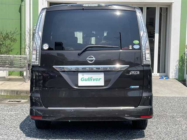 日産 セレナ HWS S HV Vセレ +Sefty 埼玉県 2015(平27)年 14.5万km 茶 ワンオーナー/純正フリップダウンモニター/両側パワースライドドア/バックカメラ/アラウンドビューモニター/ビューモニター付バックミラー/ビルトインETC/前方ドライブレコーダー/LEDヘッドライト/純正LEDフォグライト/レーンキープアシスト/衝突軽減装置/プッシュスタート/クルーズコントロール/横滑り防止装置/USBポート（運転席下）/純正ナビTV（タッチパネル不良修理要す）/保証書付整備手帳/取扱説明書