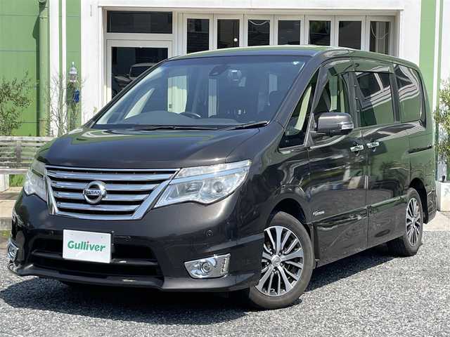 日産 セレナ HWS S HV Vセレ +Sefty 埼玉県 2015(平27)年 14.5万km 茶 ワンオーナー/純正フリップダウンモニター/両側パワースライドドア/バックカメラ/アラウンドビューモニター/ビューモニター付バックミラー/ビルトインETC/前方ドライブレコーダー/LEDヘッドライト/純正LEDフォグライト/レーンキープアシスト/衝突軽減装置/プッシュスタート/クルーズコントロール/横滑り防止装置/USBポート（運転席下）/純正ナビTV（タッチパネル不良修理要す）/保証書付整備手帳/取扱説明書