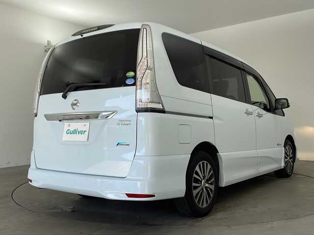 日産 セレナ ハイウェイスター Sハイブリッド 兵庫県 2014(平26)年 8.7万km ブルームーンホワイトP ・純正SDナビ（CD・DVD・BT・ワンセグ・USB・AUX・ipod）/・バックカメラ/・ビルトインETC/・片側パワースライドドア/・ドライブレコーダー/・クルーズコントロール/・衝突軽減ブレーキ/・横滑り防止装置/・車線逸脱警報装置/・オートライト/・アイドリングストップ/・純正フロアマット/・純正16インチアルミホイール/・保証書/・取扱説明書