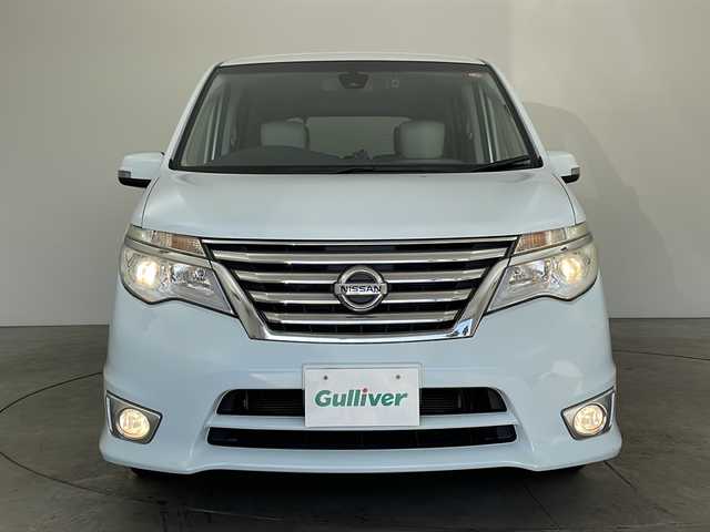 日産 セレナ ハイウェイスター Sハイブリッド 兵庫県 2014(平26)年 8.7万km ブルームーンホワイトP ・純正SDナビ（CD・DVD・BT・ワンセグ・USB・AUX・ipod）/・バックカメラ/・ビルトインETC/・片側パワースライドドア/・ドライブレコーダー/・クルーズコントロール/・衝突軽減ブレーキ/・横滑り防止装置/・車線逸脱警報装置/・オートライト/・アイドリングストップ/・純正フロアマット/・純正16インチアルミホイール/・保証書/・取扱説明書