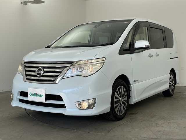 日産 セレナ ハイウェイスター Sハイブリッド 兵庫県 2014(平26)年 8.7万km ブルームーンホワイトP ・純正SDナビ（CD・DVD・BT・ワンセグ・USB・AUX・ipod）/・バックカメラ/・ビルトインETC/・片側パワースライドドア/・ドライブレコーダー/・クルーズコントロール/・衝突軽減ブレーキ/・横滑り防止装置/・車線逸脱警報装置/・オートライト/・アイドリングストップ/・純正フロアマット/・純正16インチアルミホイール/・保証書/・取扱説明書