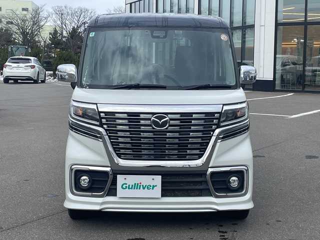 マツダ フレアワゴン カスタムスタイル ハイブリッド XT 青森県 2018(平30)年 6.5万km パールⅡ ・4WD/・ターボ/・純正ナビ/・フルセグ/・DVD/CD/SD/BT/・バックカメラ/・ドライブレコーダー/・純正エンジンスターター/・両側パワースライドドア/・衝突被害軽減ブレーキ/・レーンキープアシスト/・レーダークルーズコントロール/・パーキングセンサー/・アイドリングストップ/・ETC/・ハーフレザーシート/・前席シートヒーター/・LEDヘッドライト/・LEDフォグ/・プッシュスタート/・スマートキー/・ドアバイザー/・ミラーヒーター/カラーコードC2H(ZVRパール/ZJ3ブラック：2トーン)