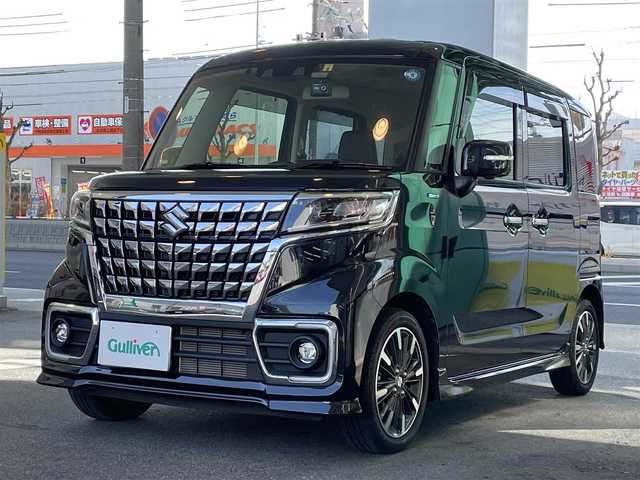 スズキ スペーシア カスタム HYBRID XS ターボ 愛知県 2022(令4)年 1.8万km ブルーイッシュブラックパール3 ワンオーナー/両側パワースライドドア/純正8型SDナビ〈Panasonic製CN-RZ875〉/・DVD／Bluetooth／地デジTV/バック／全方位カメラ/純正LEDヘッドライト／フォグランプ/合皮＆ファブリックコンビシート/ヘッドアップディスプレイ/パドルシフト/運転席シートヒーター/後席パーソナルテーブル/SUZUKI セーフティサポート/・デュアルカメラブレーキサポート/・誤発進抑制制御/・車線逸脱警報機能/・ふらつき警報機能/・先行車発進告知/・アダプティブクルーズコントロール/・後方誤発進抑制制御機能/・リアパーキングセンサー/・車線逸脱抑制機能/純正15インチAW/スマートキー＆プッシュスタート