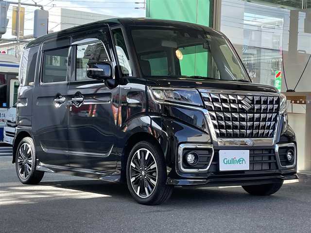 スズキ スペーシア カスタム HYBRID XS ターボ 愛知県 2022(令4)年 1.8万km ブルーイッシュブラックパール3 ワンオーナー/両側パワースライドドア/純正8型SDナビ〈Panasonic製CN-RZ875〉/・DVD／Bluetooth／地デジTV/バック／全方位カメラ/純正LEDヘッドライト／フォグランプ/合皮＆ファブリックコンビシート/ヘッドアップディスプレイ/パドルシフト/運転席シートヒーター/後席パーソナルテーブル/SUZUKI セーフティサポート/・デュアルカメラブレーキサポート/・誤発進抑制制御/・車線逸脱警報機能/・ふらつき警報機能/・先行車発進告知/・アダプティブクルーズコントロール/・後方誤発進抑制制御機能/・リアパーキングセンサー/・車線逸脱抑制機能/純正15インチAW/スマートキー＆プッシュスタート