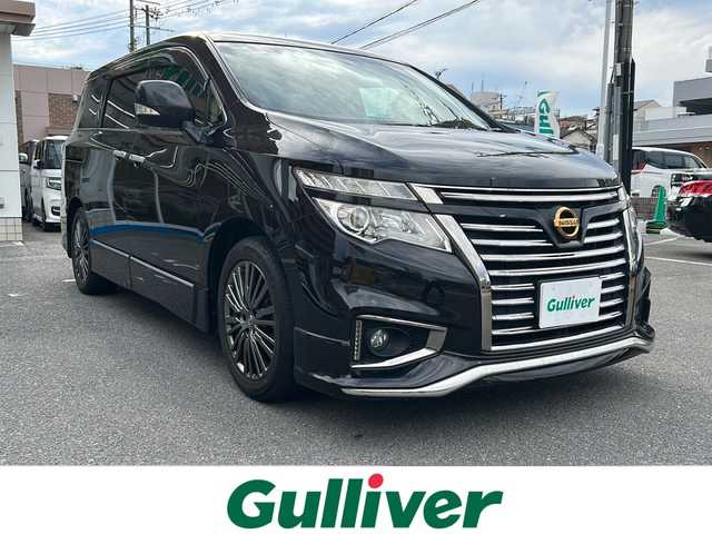 日産 エルグランド 250HWS S アーバンクロム 大阪府 2017(平29)年 7.5万km ファントムブラック 禁煙車/純正９インチナビ/フルセグTV/CD/DVD/BD/MSV/BT/ツインサンルーフ/両側パワースライドドア/純正フリップダウンモニター/ハーフレザーシート/バックカメラ/純正ドライブレコーダー/純正LEDライト/純正18インチアルミ/フォグライト/プッシュスタート/インテリジェントクルーズコントロール/踏み間違い衝突防止アシスト/オットマン/ETC/ウィンカーミラー