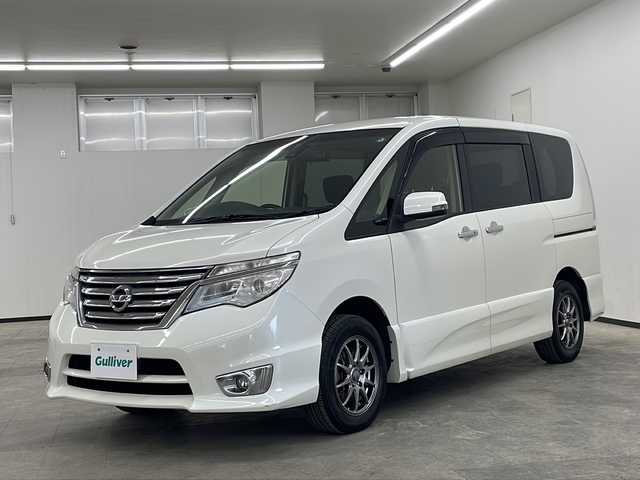 日産 セレナ ハイウェイスター Vセレ +Safty 長崎県 2014(平26)年 7万km ブリリアントホワイトパール カロッツェリア８インチナビ（ＡＶＩＣ－ＣＬ９１０）/（フルセグテレビ/CD/ＤＶＤ/Bluetooth）/バックカメラ/クルーズコントロール/両側パワースライドドア/衝突軽減ブレーキ/横滑り防止装置/ETC/ドライブレコーダー/社外15インチアルミホイール/純正フロアマット/レーンディパーチャーアラート/シートバックテーブル/リアサンシェード/フォグライト/黒革ハンドル/電動ウィンカーミラー/電動格納ミラー/ドアバイザー/プッシュスタート