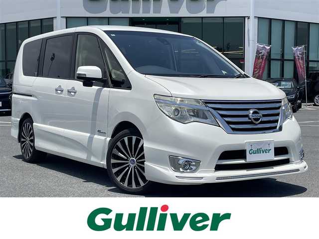 日産 セレナ ハイウェイS G S HV Aセーフ 奈良県 2014(平26)年 2万km ブリリアントホワイトパール 両側パワースライドドア/純正ナビ(フルセグTV/CD/DVD/AM・FM/BT/AUX)/純正フリップダウンモニター/ETC/インテリジェントエマージェンシーブレーキ/踏み間違い防止アシスト/車線逸脱防止支援システム/車線逸脱警報/後側方衝突防止支援システム/後側方車両検知警報/後退時車両検知警報/標識認識機能/ふらつき警報/後席サンシェード/社外18インチアルミホイール/純正フロアマット