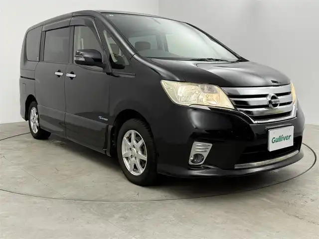 日産 セレナ ハイウェイスター S HV Vセレ 愛知県 2013(平25)年 16.4万km スーパーブラック 純正8インチSDナビ/・フルセグTV/CD/DVD/Bluetooth/アルパインフリップダウンモニター/バックカメラ/ビルドインETC/クルーズコントロール/両側パワースライドドア/レザー調シートカバー/15インチアルミホイール/サイドバイザー/フォグランプ/オートライト/純正フロアマット/スマートキー/プッシュスタート