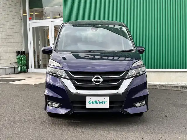 日産 セレナ ハイウェイスター Vセレクション 宮城県 2017(平29)年 6.1万km アズライトブルー エマージェンシーブレーキ/車線逸脱警報/純正フリップダウンモニター/純正ナビ（MM317D-W）/・CD/DVD/・Bluetooth/・フルセグTV/バックカメラ/ETC/両側電動スライドドア/革巻きステアリング/クルーズコントロール/LEDヘッドランプ/フォグランプ/オートライト/スマートキー＆プッシュスタート/電動格納ミラー/純正16インチアルミホイール/純正フロアマット/純正ドアバイザー/Wエアバッグ