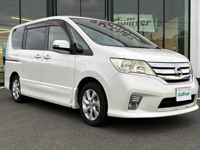 日産 セレナ ハイウェイスター Vセレクション 鹿児島県 2012(平24)年 10.8万km ブリリアントホワイトパール 純正ナビ/　　CD/DVD/BT/フルセグ/バックカメラ/両側パワースライドドア/クルーズコントロール/オートライト/純正16インチアルミホイール/ステアリングスイッチ/リアオートエアコン/アイドリングストップ/ヒルスタートアシスト/後席サンシェード/スマートキー/ETC