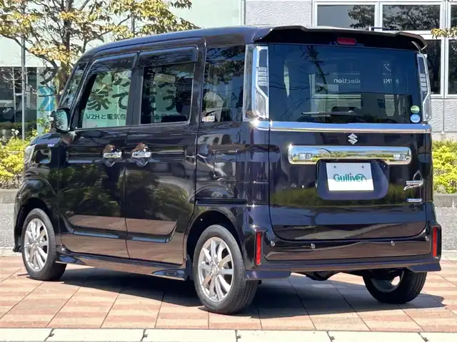 スズキ スペーシア カスタム HYBRID XS 福島県 2020(令2)年 1.1万km ムーンライトバイオレットPM 4WD/デュアルカメラブレーキサポート/純正8インチSDナビ/　【フルセグ/CD/DVD/BT/SD/USB/MSV】/バックカメラ/全周囲カメラ/ステアリングスイッチ/両側パワースライドドア/前席シートヒーター/ハーフレザーシート/ベンチシート/ヘッドアップディスプレイ/パーキングアシスト/レーンキープアシスト/コーナーセンサー/横滑り防止機能/アイドリングストップ/純正フロアマット/純正ドアバイザー/LEDヘッドライト（AUTO機能付き）/　・フォグランプ/リアサンシェード/リアサーキュレーター/シートバックテーブル/スペアキー×１