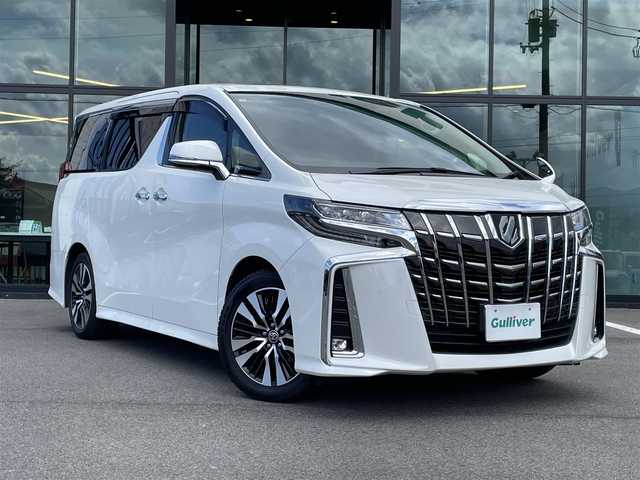 トヨタ アルファード S Cパッケージ 愛媛県 2021(令3)年 7.3万km ホワイトパールクリスタルシャイン プリクラッシュセーフティ/レーダークルーズコントロール/レーントレーシングアシスト/クリアランスソナー /ロードサインアシスト/PKSB/Wサンルーフ/純正8インチディスプレイオーディオ/　CD/DVD/Bluetooth/フルセグTV/フリップダウンモニター/バックカメラ/ビルトインETC/黒革シート/前席パワーシート/シートヒーター/シートベンチレーション/パワーバックドア/両側パワースライドドア/パワーバックドア/プッシュスタート/オートライト/三眼LEDヘッドライト/フロアマット