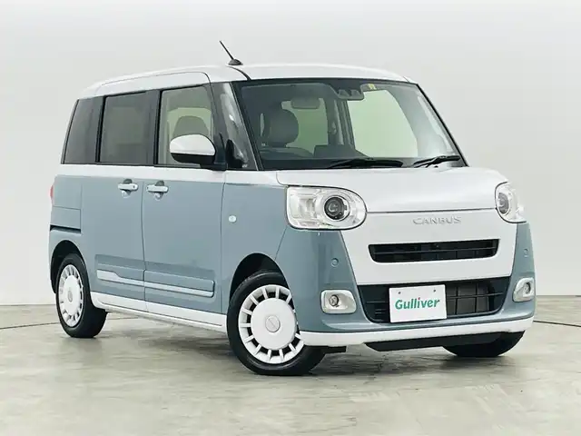 ダイハツ ムーヴ キャンバス ストライプス G 福島県 2023(令5)年 1.3万km シャイニングホワイトパール/レイクブルーメタリック スマートアシスト/・先行車発進お知らせ機能/・標識認識機能/・両側パワースライドドア/両側パワースライドドア/LEDオートライト/・フォグランプ/ベンチシート/・シートヒーター/ステアリングリモコン/電子パーキング/・ブレーキホールド/純正フロアマット/電動格納ドアミラー/アイドリングストップ/プッシュスタート/・スマートキー/・スペアキー