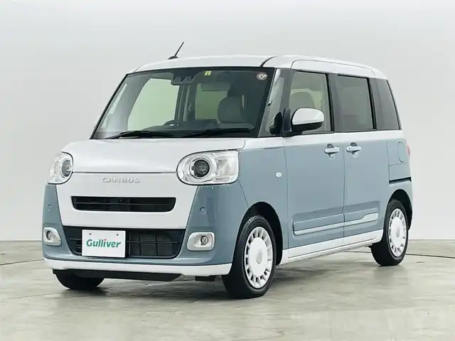 ダイハツ ムーヴ キャンバス ストライプス G 福島県 2023(令5)年 1.3万km シャイニングホワイトパール/レイクブルーメタリック スマートアシスト/・先行車発進お知らせ機能/・標識認識機能/・両側パワースライドドア/両側パワースライドドア/LEDオートライト/・フォグランプ/ベンチシート/・シートヒーター/ステアリングリモコン/電子パーキング/・ブレーキホールド/純正フロアマット/電動格納ドアミラー/アイドリングストップ/プッシュスタート/・スマートキー/・スペアキー