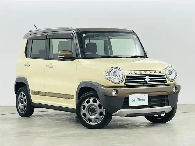 スズキ ハスラー ワンダラー 福島県 2019(平31)年 2.8万km シフォンアイボリーメタリック/ウッディブラウン2トーンルーフ スズキセーフティサポート/・衝突軽減ブレーキ/・誤発進抑制機能/・車線維持支援機能/・ふらつき警報機能/・先行車発進お知らせ機能/・横滑り防止装置/・ヒルスタートアシスト/・頚部衝撃緩和フロントシート/ワンオーナー/パイオニアメモリナビ/・フルセグTV/・CD/DVD/・FM/AM/・iPod/・AUX/・SD/・ステアリングスイッチ/LEDヘッドライト/・フォグランプ/・オートライト/ハーフレザー/シートヒーター（D＋N）/純正15インチスチールホイール/純正フロアマット/ドアバイザー/ルーフレール/アイドリングストップ/プッシュスタート/スマートキー