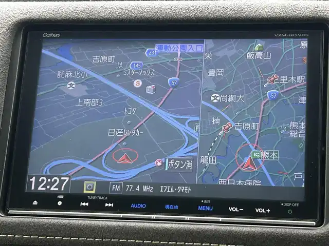 ホンダ ヴェゼル ハイブリッド RS ホンダセンシング 熊本県 2017(平29)年 7.8万km クリスタルブラックパール 純正ナビVXM-185VFNi（ＣＤ・ＤＶＤ・フルセグ・ＢＴ・ＳＤ・ｉｐｏｄ）/バックカメラ　/純正前方ドライブレコーダー　/ビルトインＥＴＣ　/前席シートヒーター　/純正フロントエアロ　/ホンダセンシング/・衝突軽減ブレーキ/・レーダークルーズコントロール/・レーンキープアシスト/・先行車発進お知らせ機能/・路外逸脱制御機能/・標識認識システム/横滑り防止/オートブレーキホールド/パドルシフト/ドアバイザー/ハーフレザーシート/純正フロアマット/純正１８インチAW/オートライト/LEDヘッドライト/フォグライト/スマートキー/プッシュスタート/スペアキー1本/取扱説明書