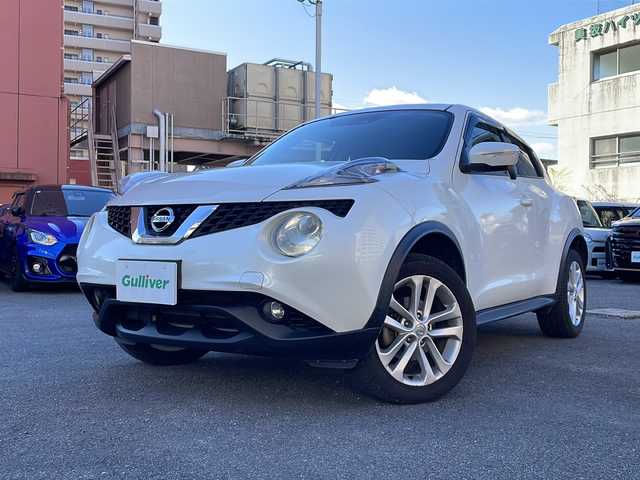 日産 ジューク 15RX Vセレクション 宮崎県 2015(平27)年 11.5万km ブリリアントホワイトパール 社外ナビ Bluetooth CDチェンジャー バックカメラ フルセグTV ETC アイドリングストップ 純正フロアマット 純正アルミホイール パワーステアリング パワーウィンドウ プッシュスタート