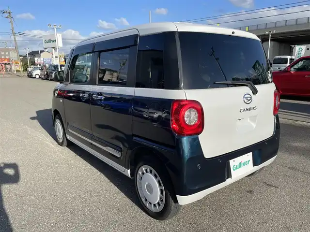 ダイハツ ムーヴ キャンバス ストライプス G 石川県 2023(令5)年 2.7万km シャイニングホワイトパール/レーザーブルークリスタルシャイン 純正メモリーナビ/純正CD/DVD/フルセグTV/バックカメラ/LEDヘッドライト/両側パワースライドドア/ETC/スマートアシスト/オートブレーキホールド/コーナーセンサー/スマートキー/プッシュスタート/電動ミラー/保証書