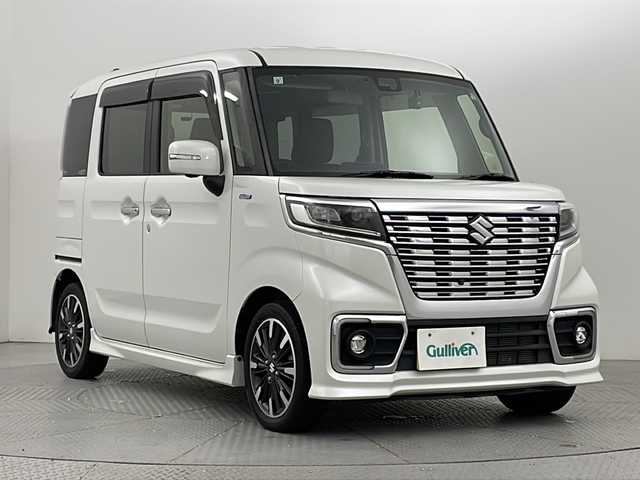 スズキ スペーシア カスタム HYBRID XS ターボ 新潟県 2019(令1)年 1.8万km ピュアホワイトP デュアルセンサーブレーキサポート/社外メモリナビ/　CD/DVD/BT/フルセグ/全周囲カメラ/両側パワースライドドア/クルーズコントロール/LEDオートライト/ハーフレザーシート/純正アルミホイール/パドルシフト/フォグランプ/電格ミラー/ウィンカーミラー/スマートキー/ETC