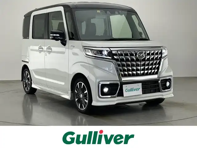 マツダ フレアワゴン カスタムスタイル ハイブリッド XT 愛知県 2023(令5)年 5万km パールⅡ 社外８型ナビ　ＨＵＤ　全方位カメラ　禁煙車　両側パワスラ　Ｂｌｕｅｔｏｏｔｈ　フルセグＴＶ　ＤＶＤ再生　前後ドラレコ　ＥＴＣ　衝突軽減　レーンキープ　ＬＥＤオートライト　黒ハーフレザー　ターボ搭載車　プッシュスタート　スマートキー　パドルシフト　リアシーリングファン　フォグランプ