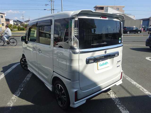 スズキ スペーシア カスタム HYBRID XS ターボ 静岡県 2019(令1)年 3.8万km ピュアホワイトP ワンオーナー/禁煙車/ターボ車/車検令和8年5月28日まで/両側パワースライドドア/運転席シートヒーター/KENWOOD SDナビ（MDVーM705）/（CD/DVD/SD/USB/BT/フルセグTV)/2列目ロールサンシェード/運転席・助手席シートバックテーブル/プッシュスタート・スマートキー/革巻きステアリング/パドルシフト/社外ETC/コムテックドラレコ（前後）/セーフティサポート/・デュアルセンサーブレーキサポート/・車線逸脱警報機能/・先行車発進お知らせ機能/・後退時ブレーキサポート/・リアパーキングセンサー/・誤発進抑制機能/・ふらつき警報機能/・ハイビームアシスト/・後方誤発進抑制機能/ウインカー付き電動格納ミラー/LEDヘッドライト/スペアキー/保証書・取扱説明書