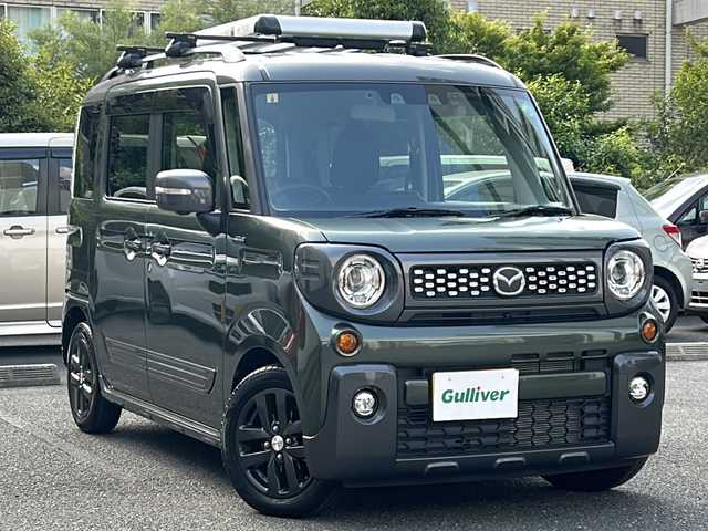 マツダ フレアワゴンタフスタイル ハイブリッドXT 埼玉県 2023(令5)年 0.6万km Ｄグリーン 登録時5950km/ワンオーナー/横滑り防止機能/衝突軽減システム/レーンキープアシスト/純正ナビTV (CN-FZ886)/フルセグ.Bluetooth/ビルトインETC/全方位カメラ/バックカメラ/両側パワースライドドア/クルーズコントロール/シートヒーター(D.N席）/ヘッドアップディスプレイ/純正ドアバイザー/純正14インチAW/純正ルーフレール/社外ルーフキャリア/LEDヘッドライト/パドルシフト/オートマチックハイビーム/ドライブレコーダー/ステアリングスイッチ/スマートキー/プッシュスタート/スマートキー×2/取説＆保証書