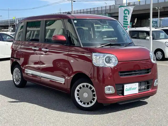 ダイハツ ムーヴ キャンバス セオリー G 石川県 2024(令6)年 0.3万km ファイアークォーツレッドM 純正ディスプレイオーディオ/フルセグTV/バックカメラ/LEDヘッドライト/レーダーブレーキ/スマートキー/プッシュスタート/電動ミラー/両側パワースライドドア/シートヒーター/HDMI端子/保証書