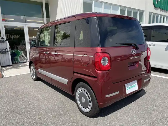 ダイハツ ムーヴ キャンバス セオリー G 石川県 2024(令6)年 0.3万km ファイアークォーツレッドM 純正ディスプレイオーディオ/フルセグTV/バックカメラ/LEDヘッドライト/レーダーブレーキ/スマートキー/プッシュスタート/電動ミラー/両側パワースライドドア/シートヒーター/HDMI端子/保証書