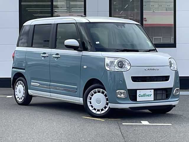 ダイハツ ムーヴ キャンバス ストライプス G 山口県 2024(令6)年 0.1万km シャイニングホワイトパール/レイクブルーメタリック 純正SDナビ　【NMZK-W67D】/・Bluetooth接続/・フルセグTV/・アラウンドビューモニター/・DVD再生機能有/スマートアシスト/・衝突軽減ブレーキ/・ふらつき警報/・車線逸脱警報/・先行車発進お知らせ機能/・標識認識機能/・アダプティブクルーズコントロール/・レーンキープコントロール/・コーナーセンサー/・オートハイビーム/シートヒーター/スマートキー/プッシュスタート/スペアキー1本/USB入力端子/両側パワースライドドア/純正14インチアルミホイール/ウィンカーミラー/ロック連動自動開閉ドアミラー/Ｄ席/Ｎ席ホットドリンクホルダー/電子パーキングブレーキ/オートブレーキホールド/スマートキー/イモビライザー/プッシュスタート/後席ＩＳＯＦＩＸシート/ＵＶカットプライバシーガラス/ＬＥＤヘッドライト/ＬＥＤフォグランプ/ＬＥＤリアコンビネーションランプ/分割可倒式リアシート/マルチインフォメーションディスプレイ/シートアンダートレー