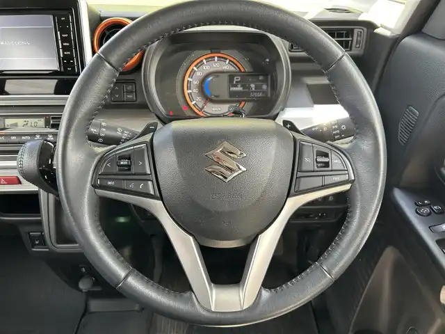 スズキ スペーシア ギア HYBRID XZターボ 岡山県 2019(平31)年 3.3万km ブルーイッシュブラックパール3 純正ナビ　　CN-RZ743W/Bluetooth、AM、FM、フルセグTV、CD、DVD/パドルシフト/両側パワースライドドア/シートバックテーブル/前席シートヒーター/クルーズコントロール（追従機能なし）/スリムサーキュレーター/後席ロールサンシェード/オートライト/レーンキープアシスト/ビルトインETC/純正フロアマット/横滑り防止装置/盗難防止装置/スズキセーフティサポート/・デュアルカメラブレーキサポート/・後退時サポートブレーキ/・車線逸脱抑制機能/・車線逸脱警報機能/・ふらつき警報/・標識認識機能/・先行車発進お知らせ機能
