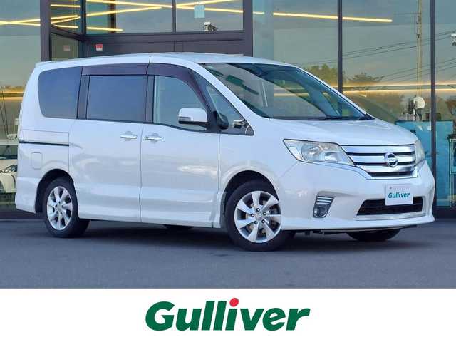 日産 セレナ ハイウェイスター Vセレクション 東京都 2012(平24)年 8.6万km ブリリアントホワイトパール 純正SDナビ（hs511d-w）/バックカメラ/ALPINEフリップダウンモニター/クルーズコントロール/両側パワースライドドア/HIDヘッドライト/オートエアコン/ビルトインETC/アイドリングストップ/横滑り防止装置/リアオートエアコン/プッシュスタート