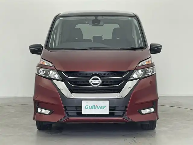 日産 セレナ ハイウェイスター G プロパイロットED 群馬県 2016(平28)年 6.1万km マルーンレッド 2トーン 純正9インチナビ(MM516D-L)/AM/FM/CD/DVD/BT/フルセグ/バックカメラ/純正フリップダウンモニター/ドライブレコーダー前方/ビルトインETC/両側パワースライドドア/ハンズフリーオートスライドドア/プロパイロット/エマージェンシーブレーキ/車線逸脱警報/車線逸脱防止支援システム/踏み間違い衝突防止アシスト/ふらつき警報/進入禁止標識検知/電動パーキングブレーキ/オートブレーキホールド/アイドリングストップ/LEDヘッドライト/フォグライト/スマートキー/プッシュスタート