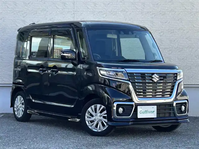 スズキ スペーシア カスタム HYBRID GS 大阪府 2021(令3)年 4.7万km ブルーイッシュブラックパール3 社外メモリナビ（MDV-D708BTW）/CD/DVD/フルセグTV/BT/iPod/USB/デュアルセンサーブレーキサポート/発進お知らせ機能/アダクティブクルーズコントロール/レーンキープアシスト/ハイビームアシスト/バックカメラ/コーナーセンサー/シートヒーター/リア席ロールサンシェード/USB充電ポート/オートライト/フロントフォグ/ETC/前後ドライブレコーダー/スペアキー