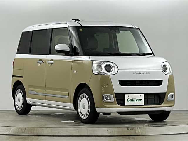ダイハツ ムーヴ キャンバス ストライプス G 愛知県 2023(令5)年 1万km シャイニングホワイトパール/サンドベージュメタリック 7インチナビ/Bluetooth/バックカメラ/両側パワースライドドア/プッシュスタート/スマートキー/衝突軽減ブレーキ/コーナーセンサー/純正LEDヘッドライト/フォグランプ/シートヒーター/ETC