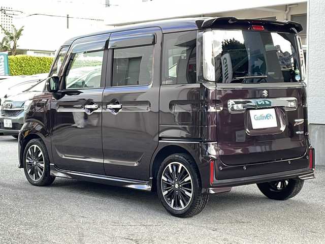 スズキ スペーシア カスタム HYBRID XS ターボ 沖縄県 2021(令3)年 6.6万km ムーンライトバイオレットPM 禁煙車/県外仕入れ/純正ナビ(Bluetooth、CD、DVD、フルセグ、USB、SD)/全方位カメラ/衝突軽減ブレーキ/レーダークルーズコントロール/両側パワスラ/前後ドラレコ/ビルトインETC/純正15インチAW/ヘッドアップディスプレイ/D席シートヒーター/パワーステアリング/革巻きステアリング/ステアリングスイッチ/パワーウィンドウ/アイドリングストップ/スマートキー＆プッシュスタート/スペアキー/AAC/前席ベンチシート/ハーフレザーシート/純正フロアマット/純正ドアバイザー/ABS/横滑り防止/レーンアシスト/盗難防止/オートライト/LEDヘッドライト/フォグランプ/W＋サイド＋カーテンエアバッグ/後席サーキュレーター/電動格納ウインカーミラー