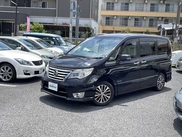 日産 セレナ ハイウェイスター Sハイブリッド 大阪府 2014(平26)年 12.3万km ダイヤモンドブラック 純正ナビ/バックカメラ/ETC/純正フリップダウンモニター/両側パワースライドドア/純正１６インチAW/ウインカーミラー/フォグランプ/純正マット/ドアバイザー/保証書/スマートキー