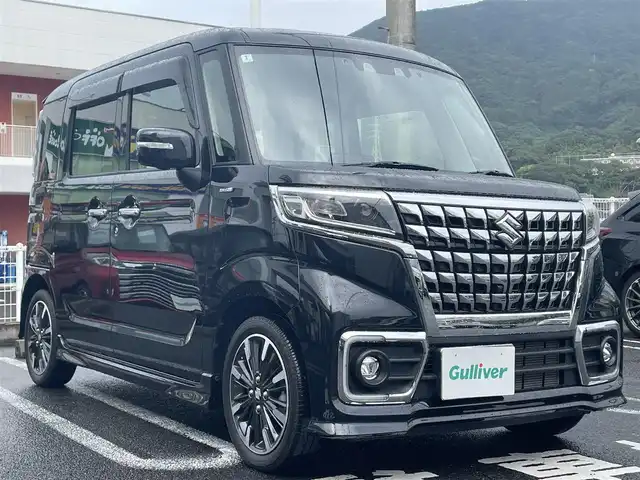 スズキ スペーシア カスタム HYBRID XS 長崎県 2022(令4)年 3万km ブルーイッシュブラックパール3 純正ナビ(FM/AM/CD/DVD/BT/フルセグTV)/スズキセーフティサポート/・デュアルセンサーブレーキサポート/・前後誤発進抑制機能/・車線維持支援機能/・車線逸脱抑制機能/・車線逸脱警報機能/・ふらつき警報機能/・標識認識機能/・先行車発進お知らせ機能/・ハイビームアシスト/・全方位カメラ/・アダプティブクルーズコントロール/ビルトインETC/両側パワースライドドア/前後ドライブレコーダー/ハーフレザーシート/D席シートヒーター/純正フロアマット/純正アルミホイール/ABS/オートライト/スマートキー/スペアキー/取扱説明書/ナビ取扱説明書/保証書