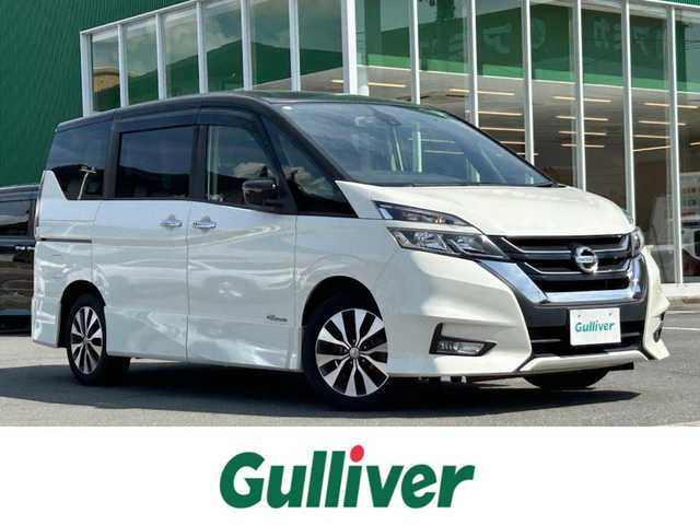 日産 セレナ ハイウェイスター 静岡県 2017(平29)年 5.3万km ブリリアントホワイトパール 2トーン ９インチ純正ＳＤナビ（Ｂｌｕｅｔｏｏｔｈ、ＣＤ、ＤＶＤ、フルセグＴＶ、ＡＵＸ）/後席モニター/バックカメラ/ＵＳＢ入力端子/前方ドラレコ/ＥＴＣ/左側パワスラ/純正アルミ/純正フロアマット/クルコン/アイドリングストップ/プッシュスタート/スマートキー/スペアキー１本/ダブルオートエアコン/三列シート/ウォークスルー/横滑り防止装置/オートライト/ハロゲンヘッドライト/ダブルエアバック/衝突軽減システム
