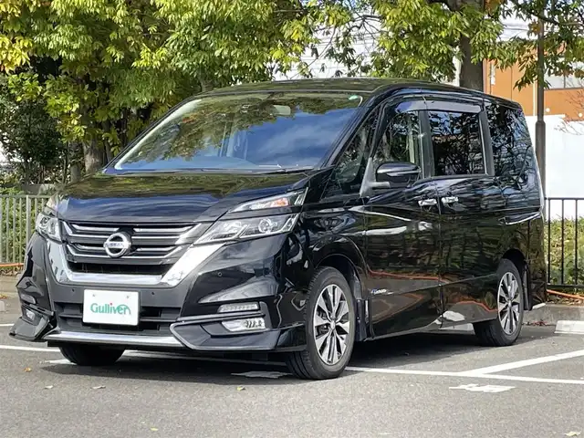 日産 セレナ ハイウェイスター G 千葉県 2017(平29)年 7.6万km ダイヤモンドブラック ワンオーナー/純正9インチナビ/純正ドライブレコーダー/純正フリップダウンモニター/両側パワースライドドア/衝突被害軽減システム/レーダークルーズコントロール/アラウンドビューモニター/バックカメラ/フロントカメラ/ビルトインETC/フルセグTV/Bluetooth/CD、DVD、BD/LEDヘッドライト/フォグランプ/オートライト/純正アルミホイール/純正フロアマット/プッシュスタート/スマートキー/スペアキー