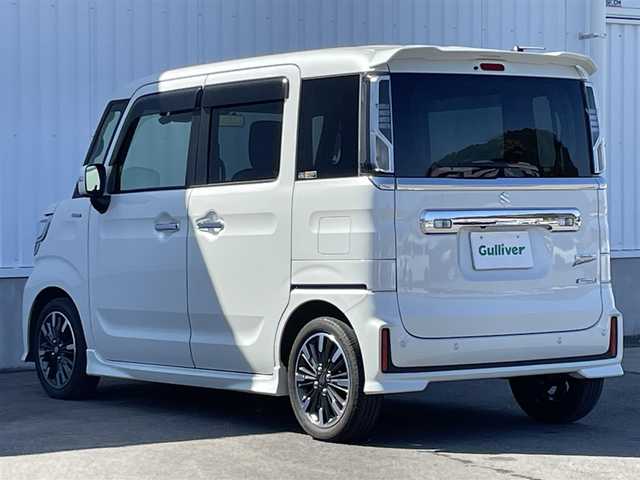 スズキ スペーシア カスタム HYBRID XS ターボ 愛媛県 2022(令4)年 2.9万km ピュアホワイトP 純正8インチナビ/（Bluetooth/SD/CD/DVD/フルセグTV)/アランドビューモニター/ビルドインETC/前方ドライブレコーダー/アダプティブクルーズコントロール/パーキングセンサー/両側パワースライドドア/シートヒーター/ハーフレザーシート/LEDヘッドライト/フォグランプ/オートライト/純正15インチアルミホイール/純正フロアマット/純正ドアバイザー/パドルシフト/プッシュスタート/スマートキー/ステアリングスイッチ/ABS/レーンキープアシスト/横滑り防止装置/衝突被害軽減ブレーキ