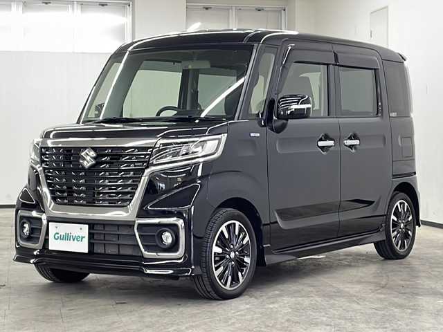 スズキ スペーシア カスタム HYBRID XS 長崎県 2018(平30)年 4.6万km ブルーイッシュブラックパール3 社外７インチナビ(CN-RA04WD)/（フルセグ/CD/DVD/Bluetooth）/バックカメラ/両側パワースライドドア/横滑り防止装置/LEDヘッドライト/純正15インチアルミホイール/運転席シートヒーター/シートバックテーブル/リアサンシェード/黒革ハンドル/純正フロアマット/純正バイザー/電格ウィンカーミラー/フォグライト/オートライト/保証書/取扱説明書
