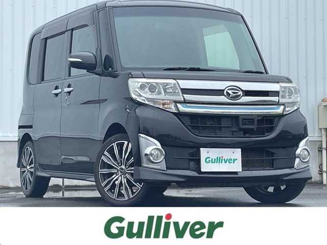 ダイハツ タント カスタム RS トップED SA 愛媛県 2015(平27)年 7.6万km ブラックマイカメタリック 社外ナビ（Bluetooth/SD/CD/DVD/ワンセグTV)/バックカメラ/両側パワースライドドア/ハーフレザーシート/ETC/社外16インチアルミホイール/純正フロアマット/純正ドアバイザー/LEDヘッドライト/フォグランプ/ABS/レーンキープアシスト/横滑り防止装置/盗難防止装置/衝突被害軽減ブレーキ/取扱説明書
