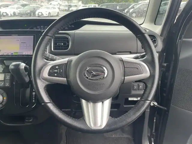 ダイハツ タント カスタム RS トップED SA 愛媛県 2015(平27)年 7.6万km ブラックマイカメタリック 社外ナビ（Bluetooth/SD/CD/DVD/ワンセグTV)/バックカメラ/両側パワースライドドア/ハーフレザーシート/ETC/社外16インチアルミホイール/純正フロアマット/純正ドアバイザー/LEDヘッドライト/フォグランプ/ABS/レーンキープアシスト/横滑り防止装置/盗難防止装置/衝突被害軽減ブレーキ/取扱説明書
